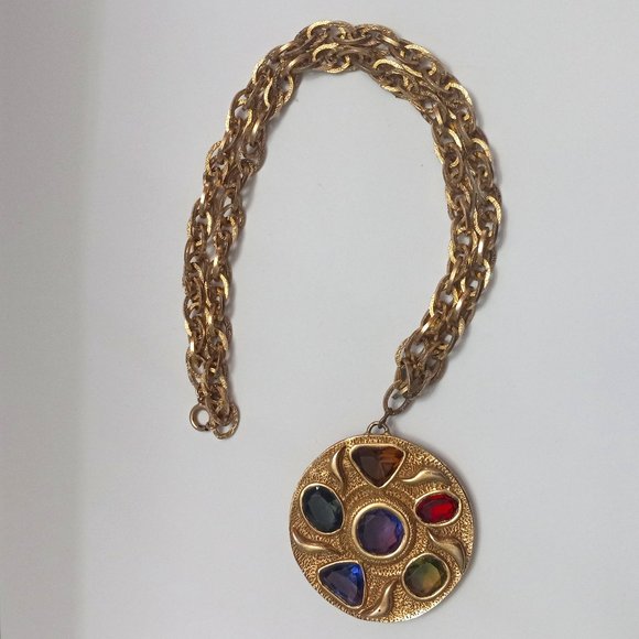 Jewelry - Large Vintage Pendant Necklace with 6 Multi-Colored Rhinestones